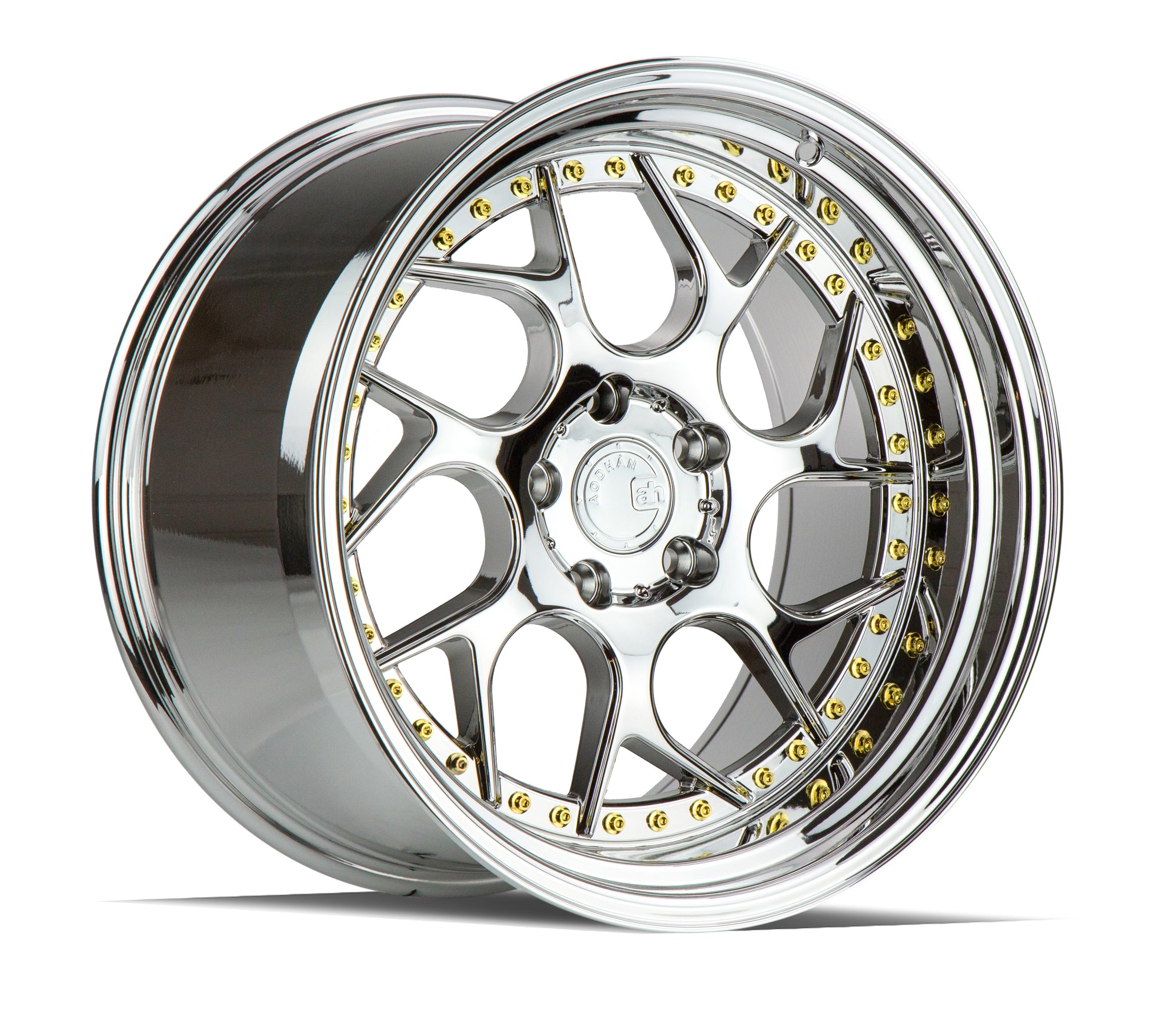 Aodhan DS01 18x10.5 5x114.3 +15 Vacuum Chrome W/ Gold Rivets