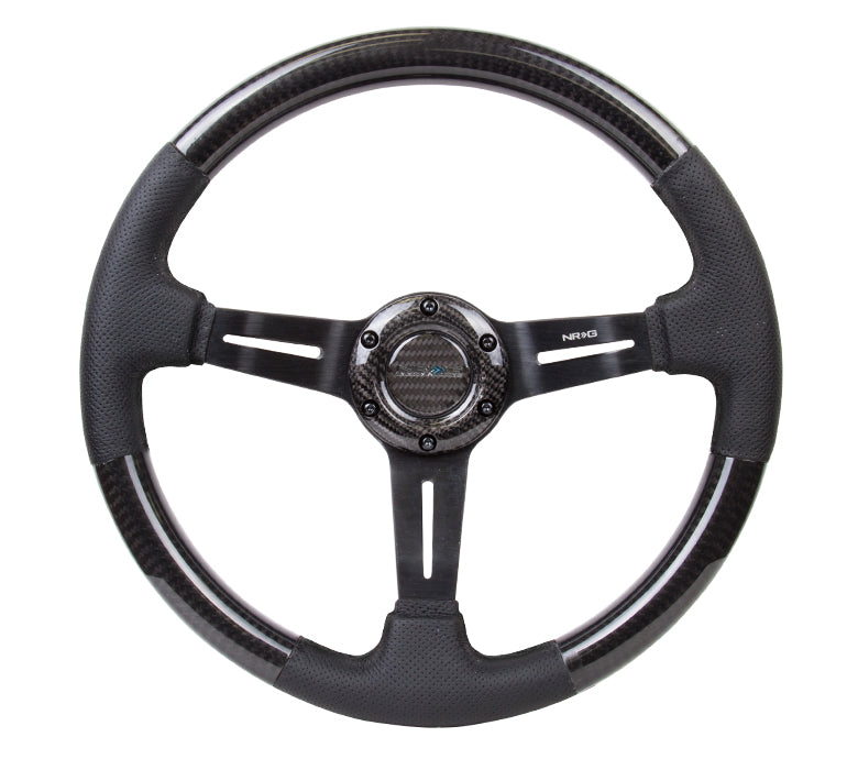 NRG ST-010CFBS 350mm 1.5" Deep Black Stitching Carbon Fiber Steering Wheel with Leather Accent