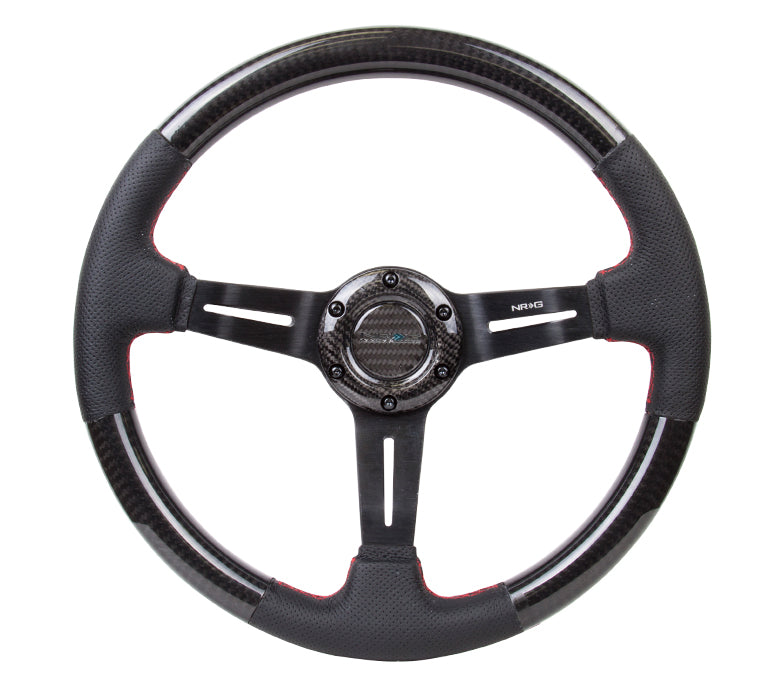 NRG ST-010CFRS 350mm 1.5" Deep Red Stitching Carbon Fiber Steering Wheel with Leather Accent