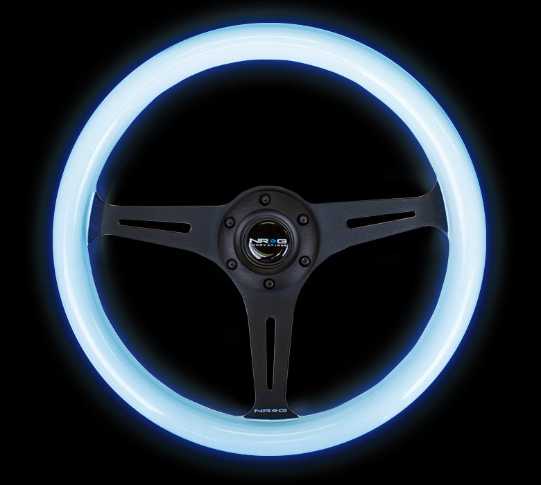 NRG ST-015BK-GL/BL 350mm Blue Glow in the Dark 3 Black Spokes Classic Wood Grain Wheel